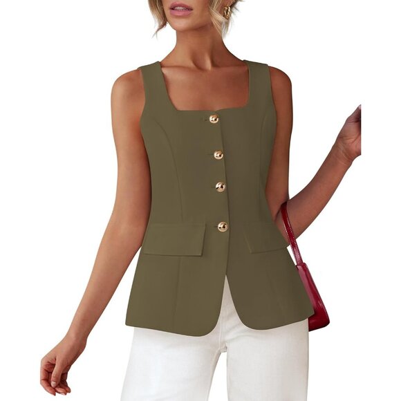Jackets & Blazers - Women's Army Green Sleeveless Suit Vest Dressy Casual Square Neck Business Work